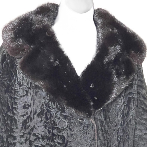 VINTAGE BLACK PERSIAN LAMB COAT WITH MINK COLLAR . 60s swing . SZ M-L - Picture 5 of 10